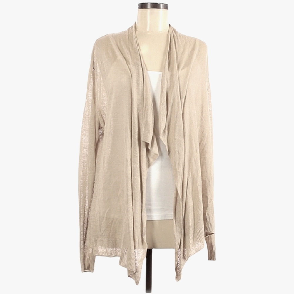 Retro-ology Cardigan Sweater Linen Size M Open Front Waterfall‎ Lightweight Tan